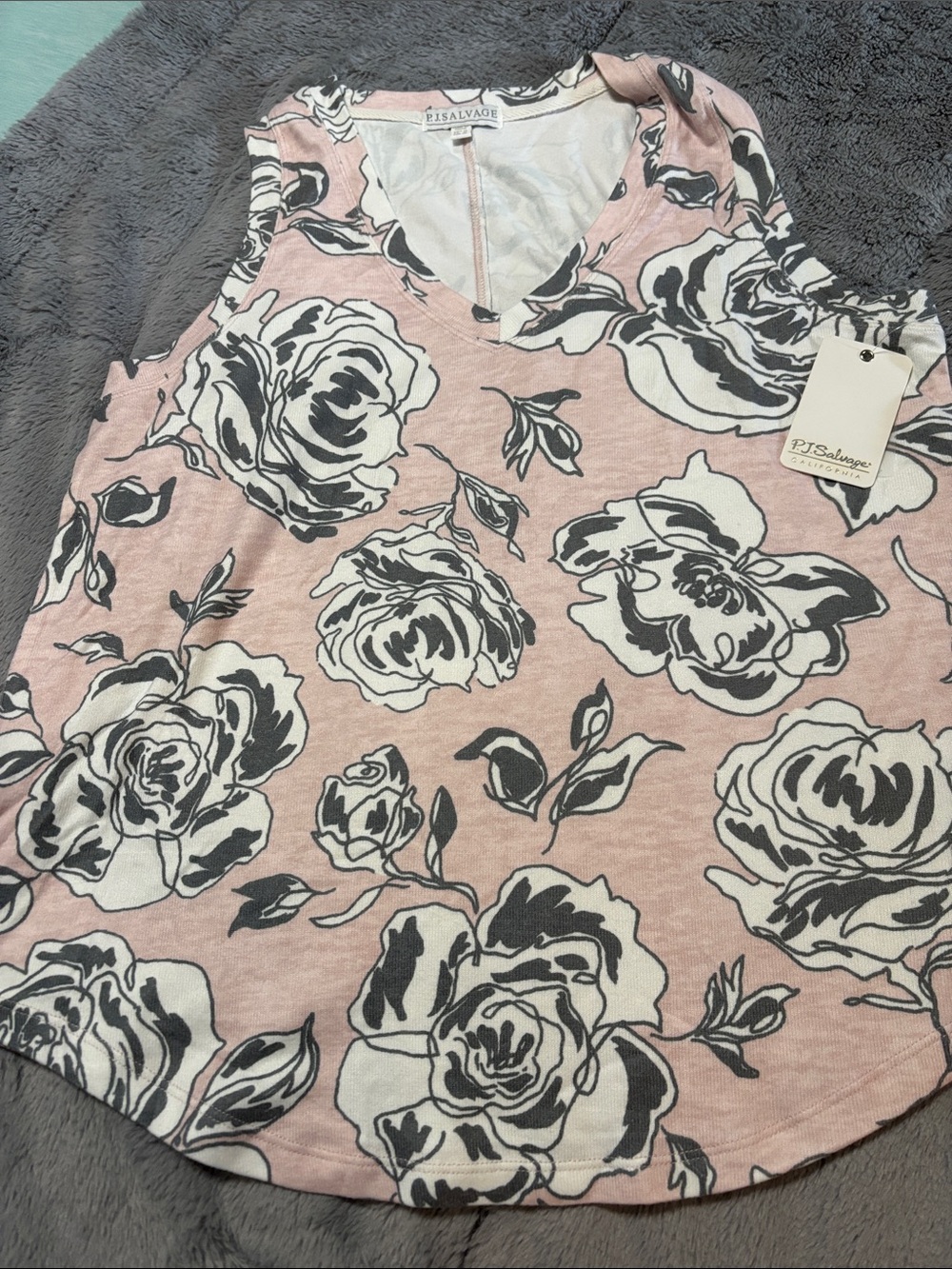 P.J. Salvage Pink Floral V-Neck Tank with Black and White Roses